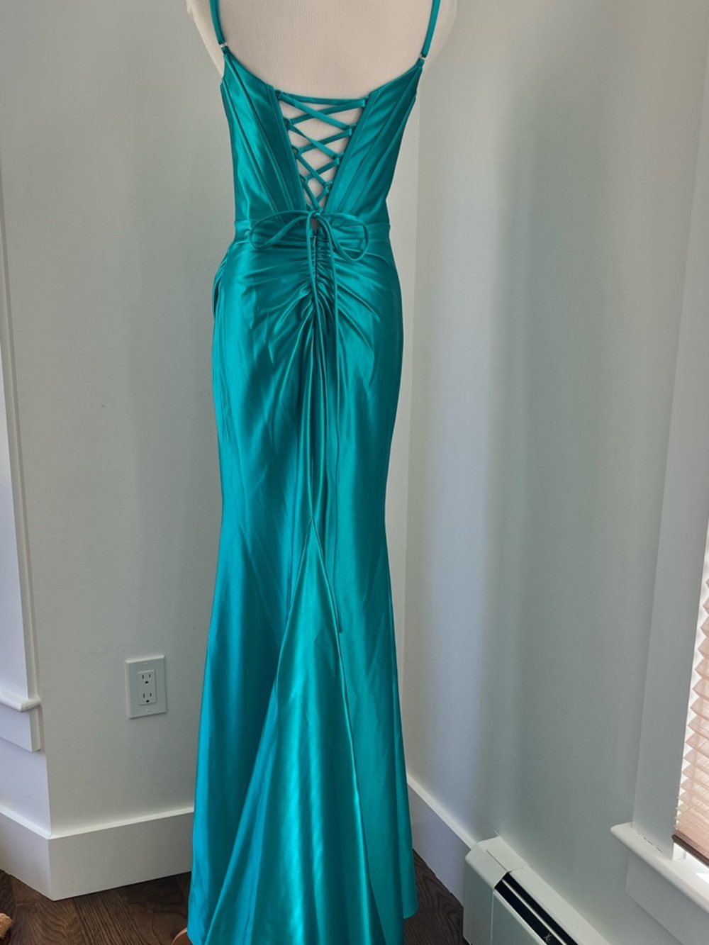 NWT | Stacees | Mermaid Teal Spaghetti Strap Ruched Corset Prom Dress with Slit - Picture 3 of 5